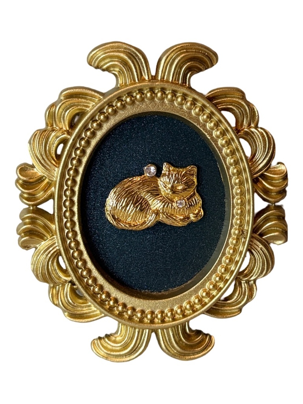 Vintage Gold Tone Cat Mini Frame • Swarovski Crystal • Tiny Art Decor - Picture 5 of 7
